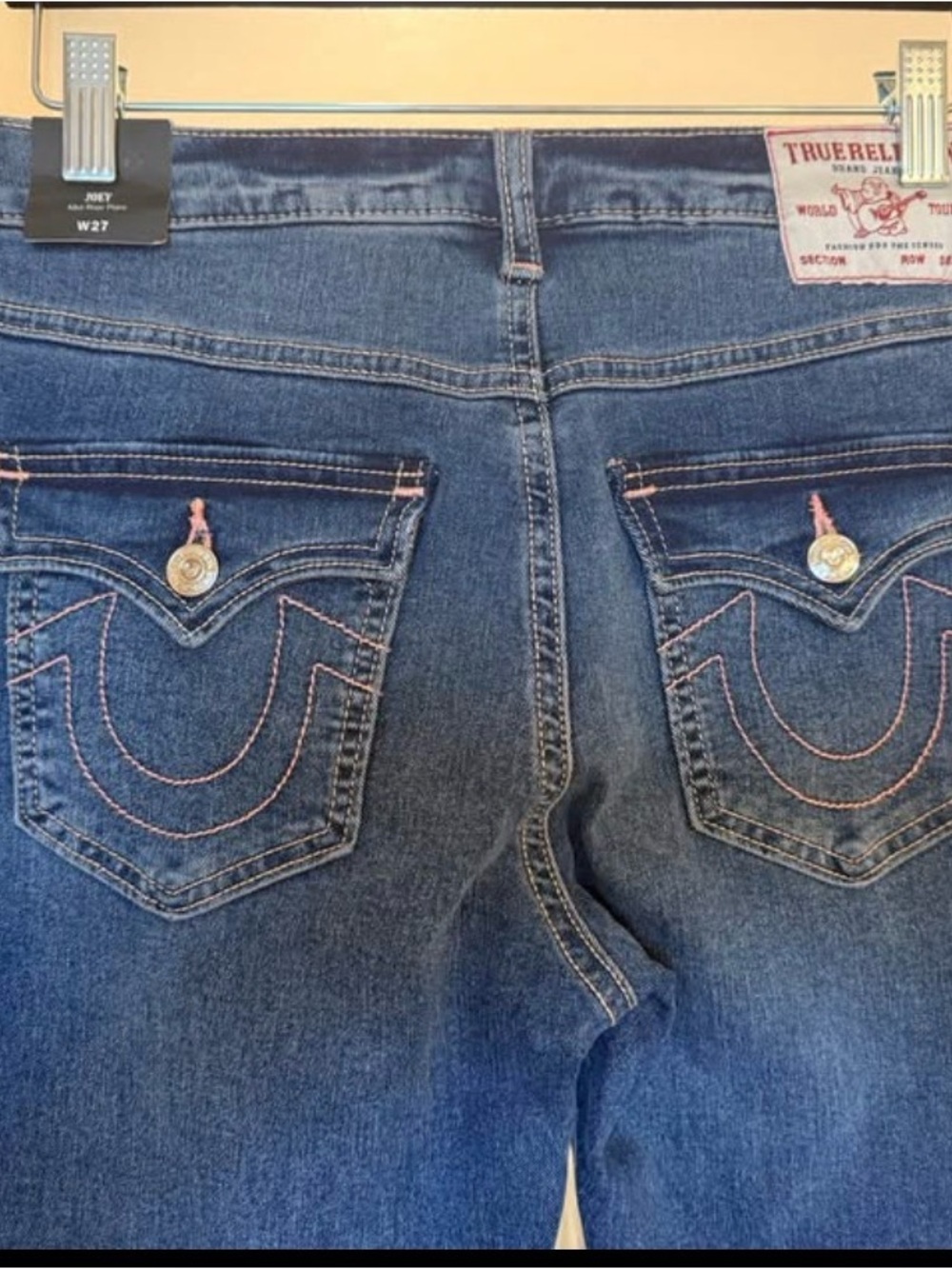 True Religion Women's Blue Denim Bootcut Jeans with Pink Stitching